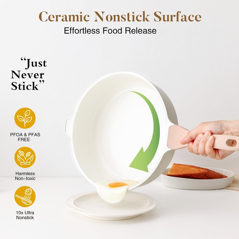 Kordisen Nonstick Ceramic Deep Frying Pan, 12 Inch Non Toxic Large Skillet with Lid, 5 Qt Healthy Jumbo Cooker, Saute Pan for Cooking, Induction Cookware, PFOA & PFAS Free (Cream)