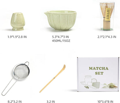 Skiennix Matcha Whisk Set - Complete 5-Piece Kit with Ceramic Bowl, Bamboo Whisk, and Sifter | Mottled Green