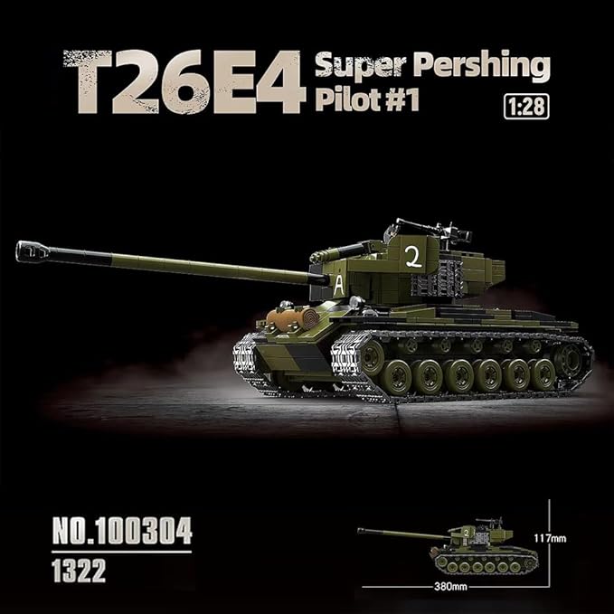 39059 T26E4 Super Pershing Test Vehicle No.1 Building Block Set 1322 Pieces Military 1:28 Scale Tank Model Toys Ideal Gift for Room Decoration or Collection