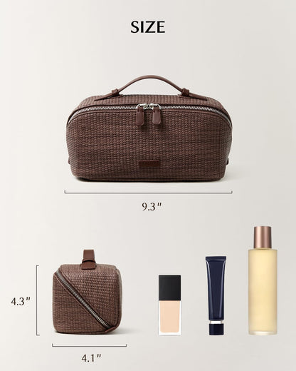 EACHY Travel Makeup Bag, Woven Travel Waterproof Toiletry Bag, Portable 180° Wide-Open Flat Cosmetic Bags for Women, Large Capacity Makeup Pouch with Divider and Handle