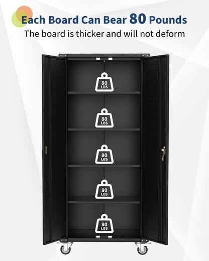 Garvee Large Metal Cabinet Two Lockable Doors Four Wheels,Four Adjustable Dividers Can Be Used As Tool File Storage Suitable for Garages Schools Gyms Offices