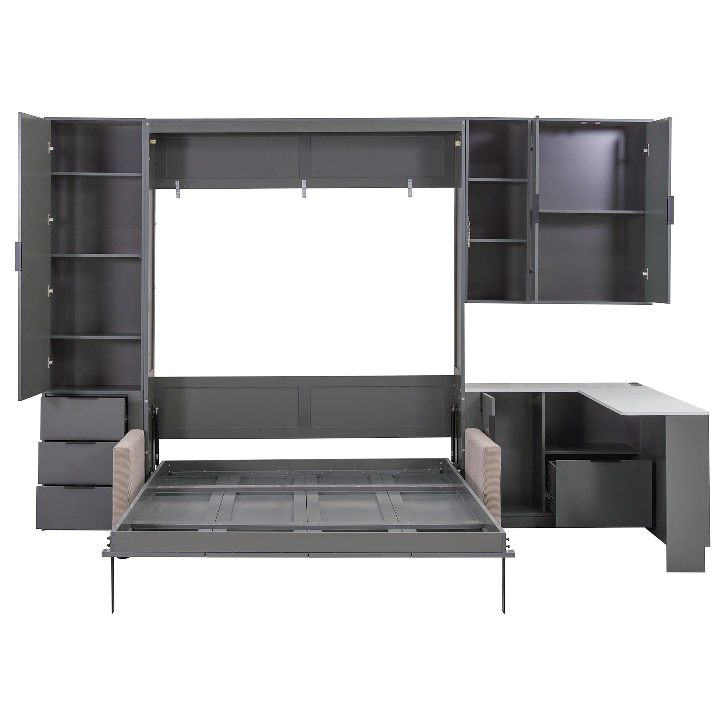 Merax Queen Size Wood Murphy Bed with Upholstered Sofa & Desk, Multifunctional Foldable Wall Platform Bed w/USB Charging Station for Guest-Room, Bedroom, Space Saving, Gray +Beige