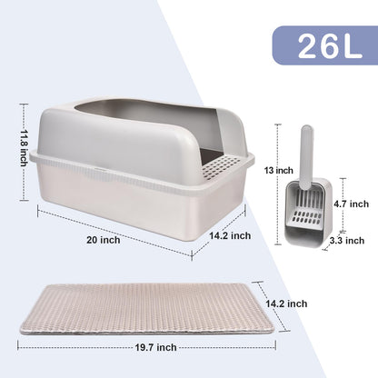 Henkelion Stainless Steel Cat Litter Box with Lid, 20" L x 14.2" W x 11.8" H, Extra Large Litter Box for Big Cats with High Sided, Anti-Urine Leakage, Easy Cleaning, Include Cat Mat and Scoop