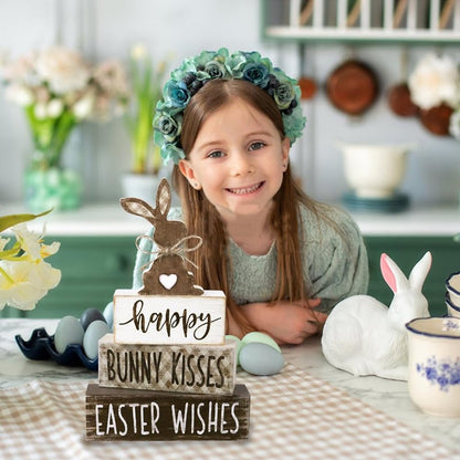 DIYDEC 4Pcs Easter Tabletop Decorations Bunny Wooden Block Signs Gift Rustic Tiered Tray Decor Happy Easter Centerpiece Farmhouse Wood Rabbit Table Sign for Kitchen Home Office Party Decor