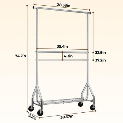 HYSEYY Heavy Duty Clothes Rack, Double Rod Clothing Rack for Hanging Clothes, Rolling Garment Rack, Adjustable Freestanding Wardrobe Closet Coat Rack for Bedroom Laundry Living Room, Silver