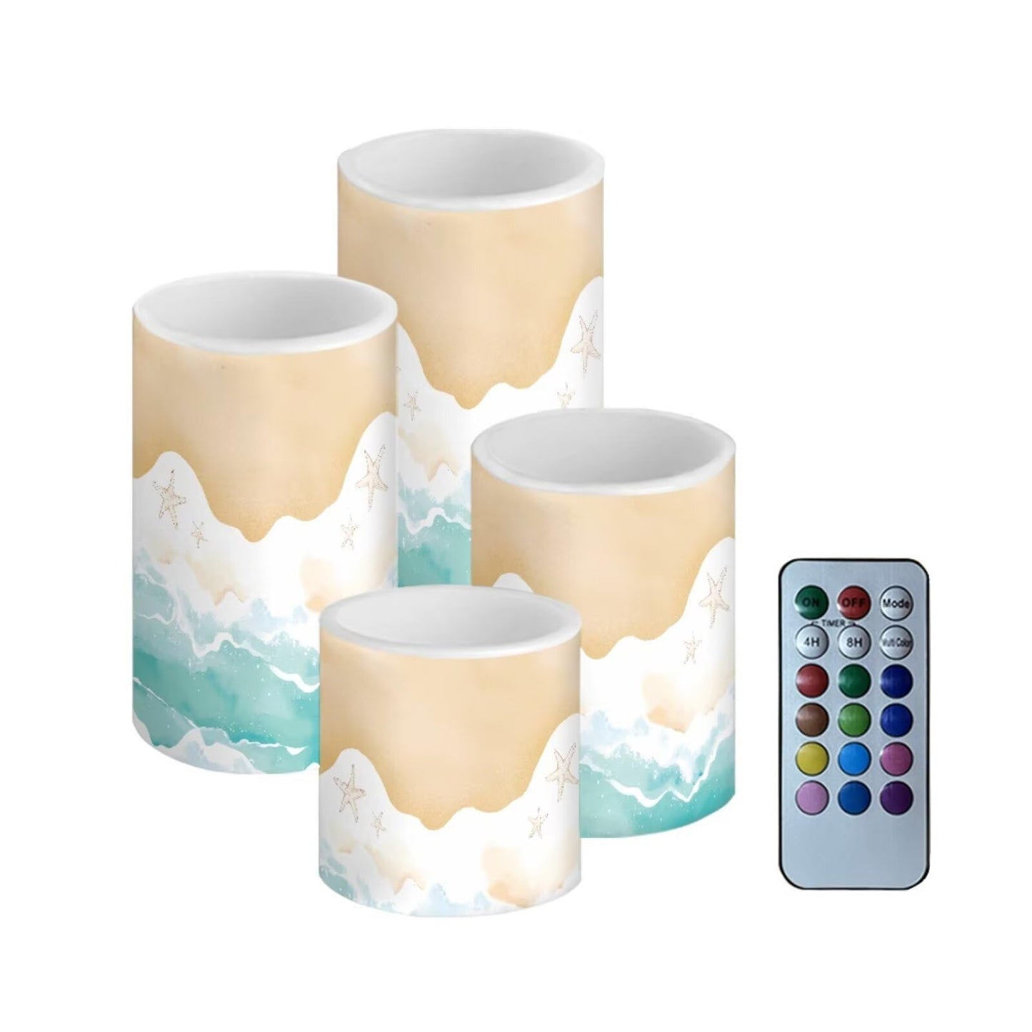 NETILGEN Beach Ocean Wave Flameless Electric LED Pillar Candles with Remote Timer Control Color Changing Long Lasting Tealights Fake Candles Set of 4, Beach Themed Home Decoration