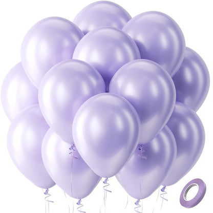 Bezente Pearl Lavender Latex Party Balloons - 100 Pack 12 inch Round Helium Pearl Light Pastel Purple Lilac Balloons for Bachelorette Fairy Girl Wedding Engagement Birthday Party Decorations