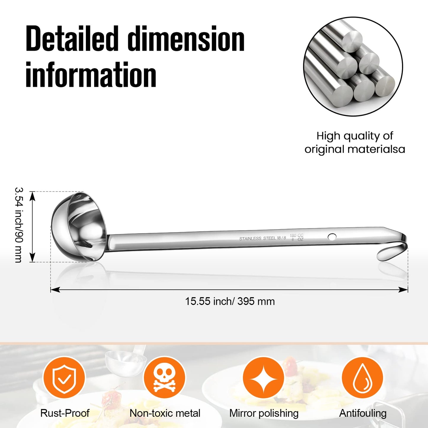 Cunhill 5 Pcs Soup Ladles Stainless Steel Serving Ladles with Long Handle for Serving, Cooking, Stirring, Portioning Kitchen Restaurant Accessories(6 oz)