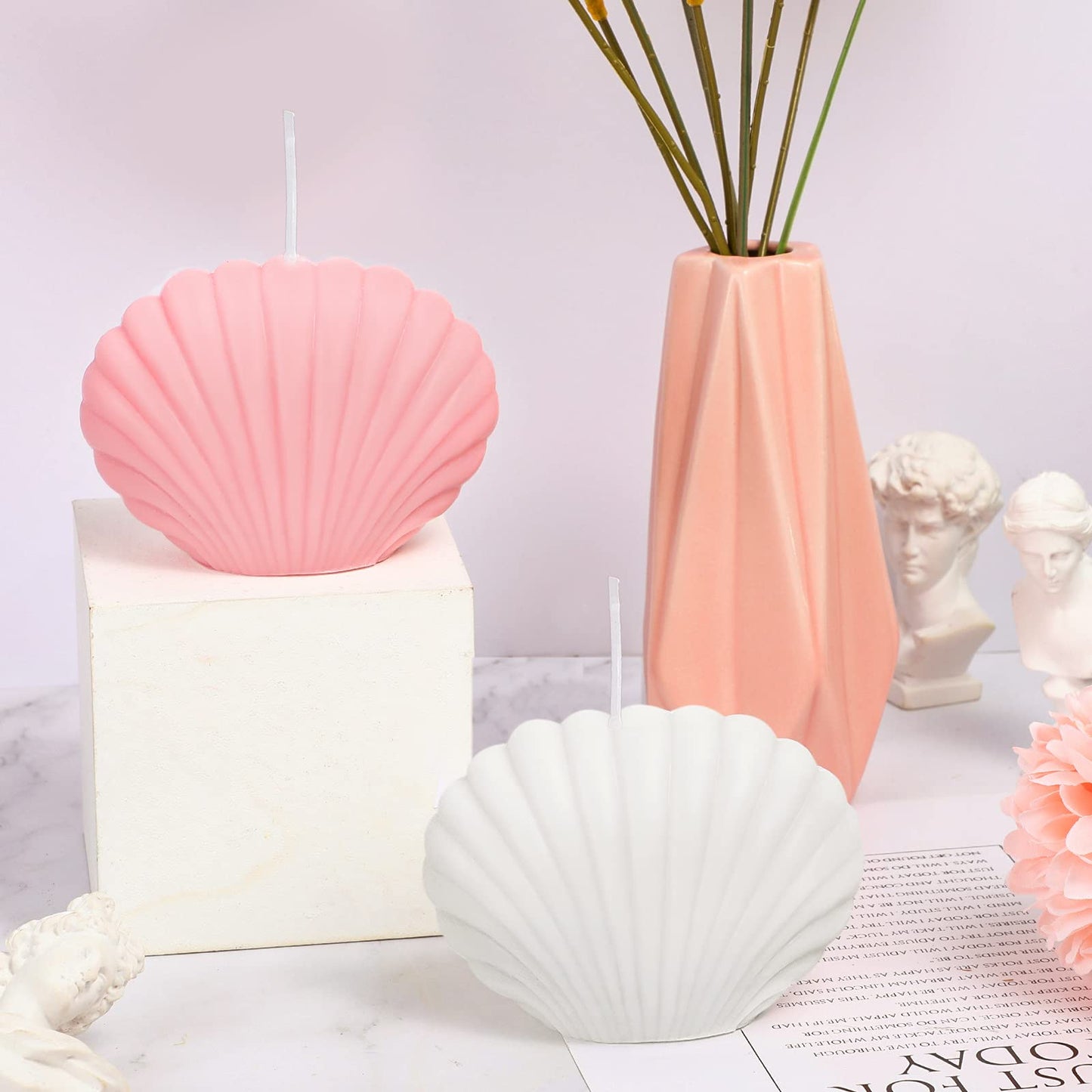 2 Pieces Seashell Scented Candles Aesthetic Trendy Candles Hand Poured Soy Wax Handmade Freesia Seashell Shape for Danish Pastel Room Decor, White, Pink(Cute Style)