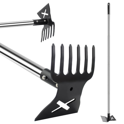 2 in 1 Garden Hoe and Cultivator Weeding Rake 6 Tines, Manual Weed Puller Tool with Long Handle, 56" Heavy Duty Hand Weeder Remover Tools for Patio, Lawn, Garden, Flower Beds, Loosen Soil and Planting