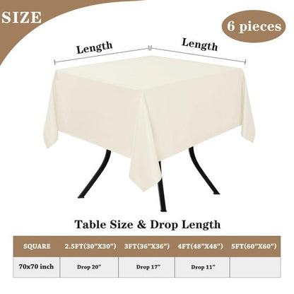 Fitable 6 Pack Square Tablecloths - 70 x 70 Inches - Stain Resistant and Reusable Table Clothes, Ivory Polyester Fabric Table Covers for Dining, Card Tables, Coffee Tables