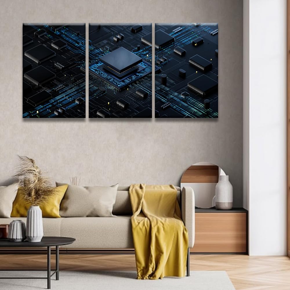 Digital Chip Pictures for Bedroom Wall Decor CPU Concept Prints Wall Art Canvas Artwork Wall Decor Multi Panel Wall Art Home Decor Wall Art Canvas Framed Wall Hanging Decor Ready to Hang 16X24X3 INCH