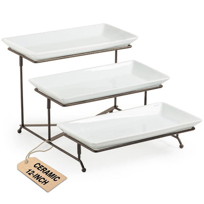 LAUCHUH 3 Tier Serving Tray for Party, Porcelain Tiered Serving Tray Stand Collapsible Sturdier Metal Rack Fruit Tray with 2 Cross Bars for Father's Day Dessert Party Display Set, 12 Inch, Bronze