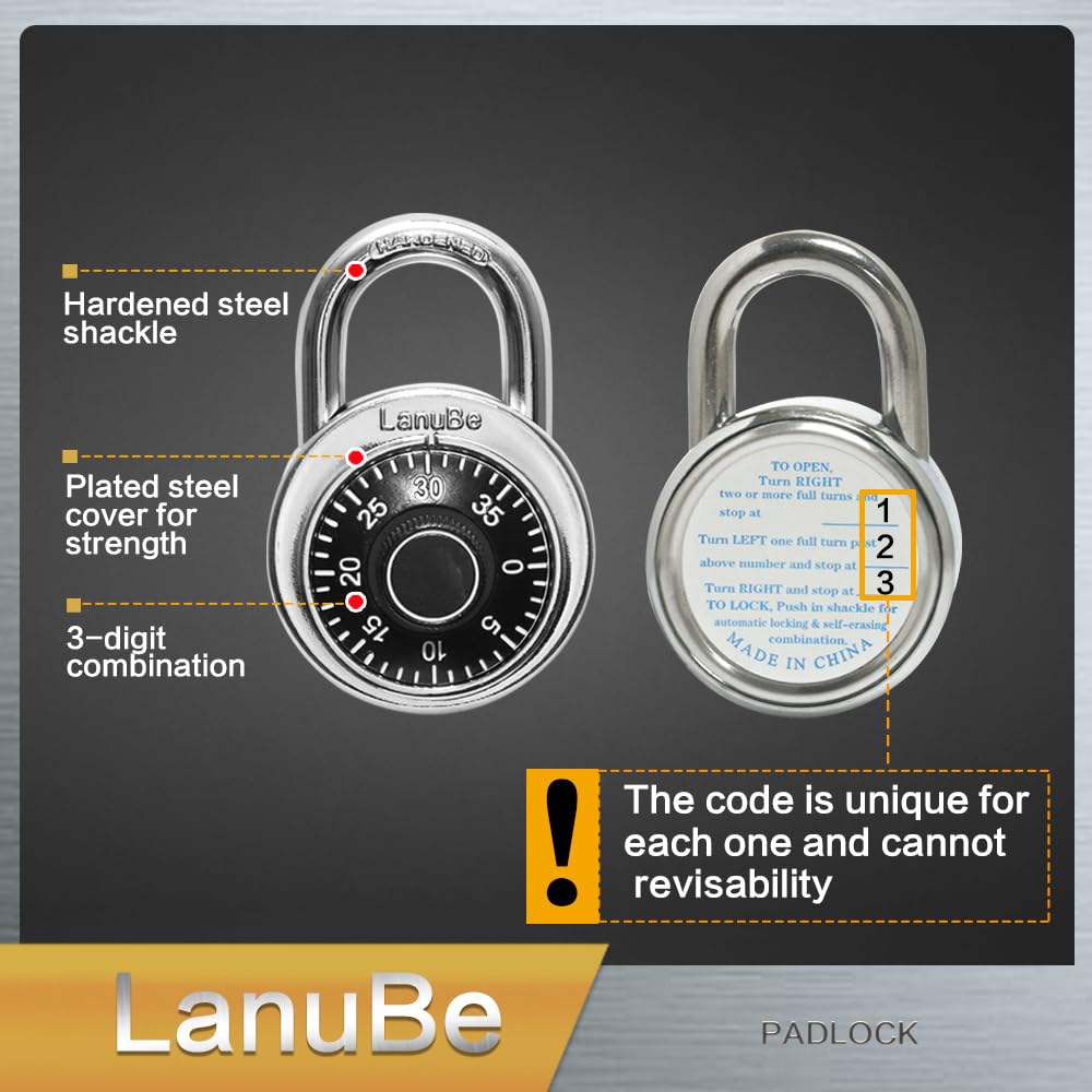 LanuBe Lock Standard Dial Combination Lock, 2 inch. Wide, with Different Combinations, Black Turnplate, Pack of 60; Lock for School, Employee, Gym Sports Locker, Case, Toolbox, and so on