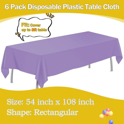 tujol Lavender 6 Pack Plastic Table Cloth 54" x 108", Disposable Tablecloths Rectangle Table Cover, Plastic Tablecloths for Parties