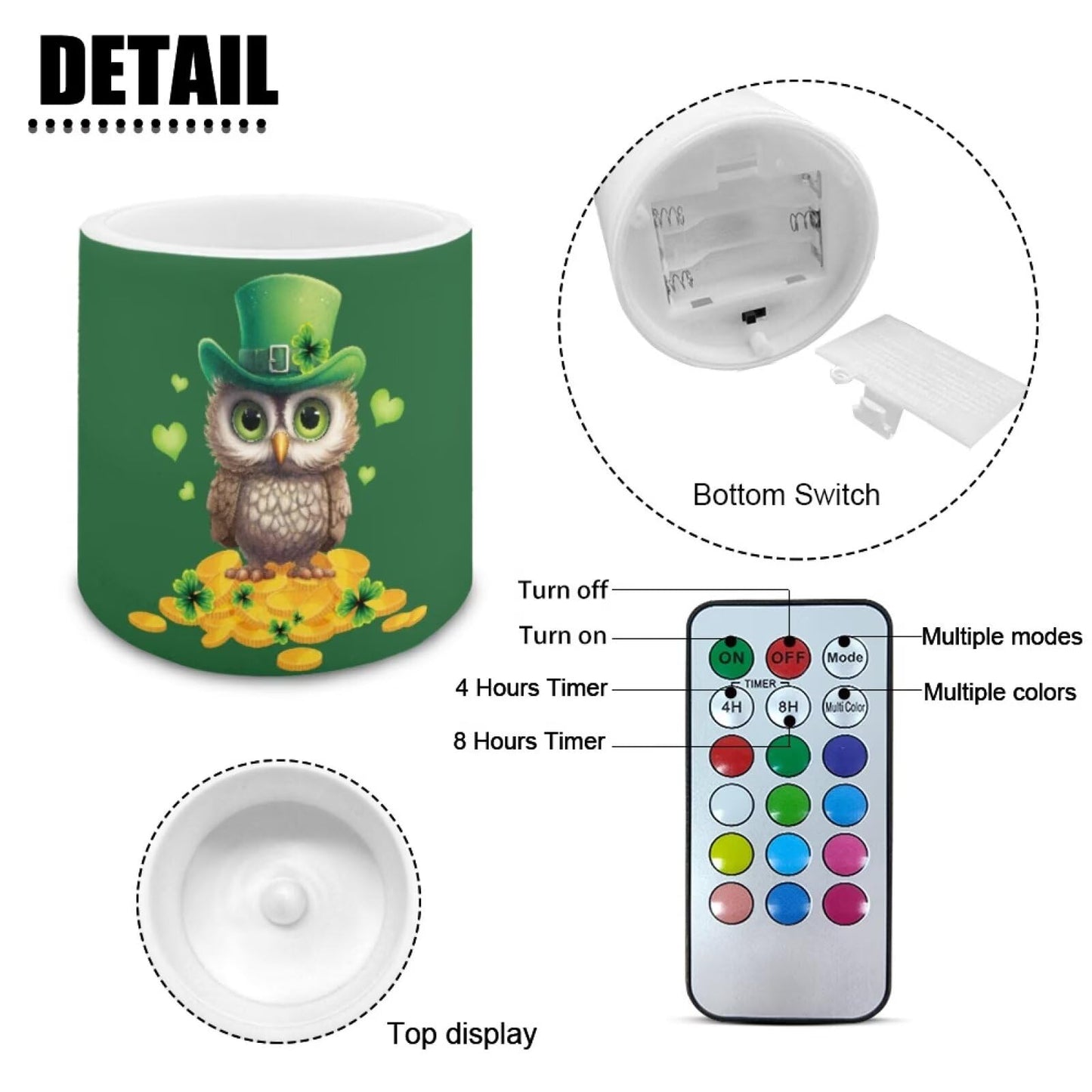 Merkmak 4 Pack Flickering Flameless Candles with Timer and Remote Battery Operated LED Candles St Paddy's Day Tea Lights for Party, Banquet, Home Decoration, Owl Gold Shamrocks Print
