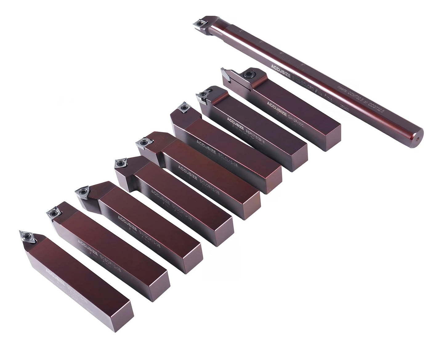 Accusize Industrial Tools 3/4" Shank 9‑Piece Indexable Turning & Boring Tool Set, Uncoated Sharp‑Edge Inserts for Aluminum, 3988-0034
