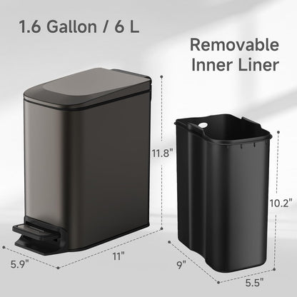 TIPGO Slim Bathroom Trash Can - Soft Close Lid, 6L Stainless Steel with Removable Inner Bucket | Black Gold