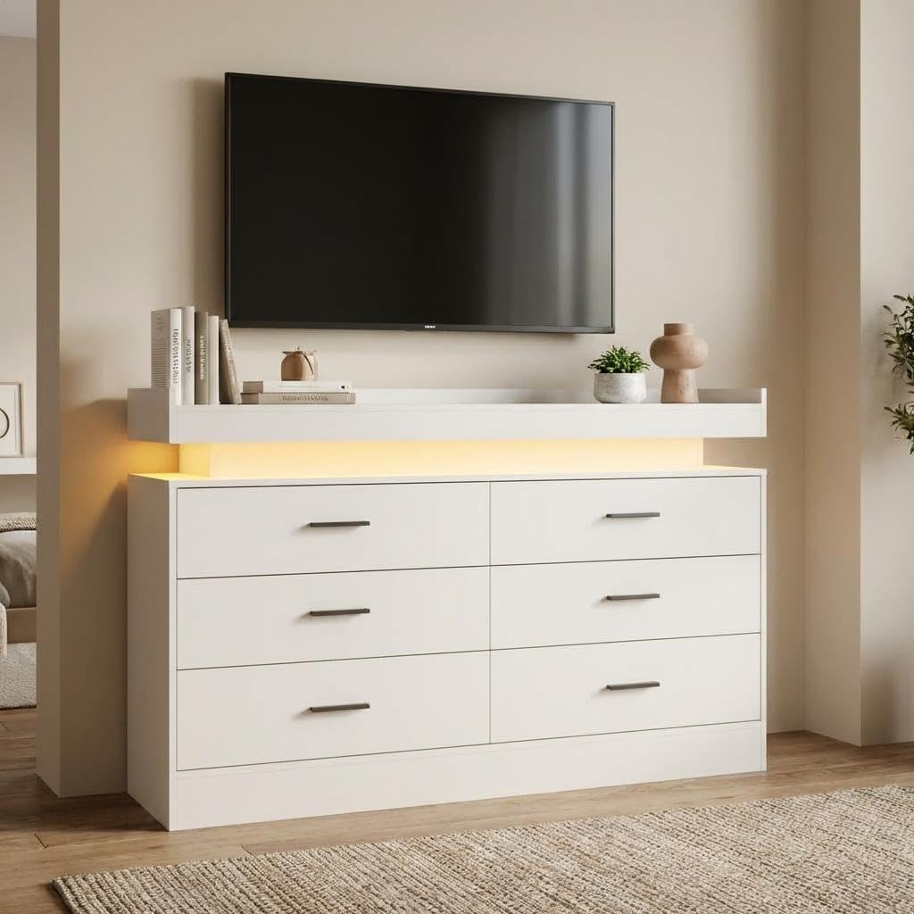 TV Stand Cabinet with LED Lights & Charging Station, Coffee Bar Cabinet Floating Countertop, Modern Sideboard Buffet 6 Drawers for Home, Living Room, White