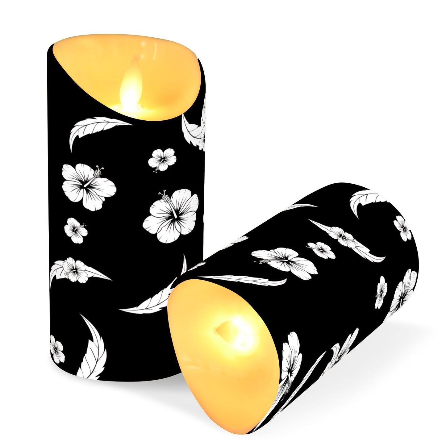 Gravopti Black White Hibiscus 2 Pack Flameless LED Pillar Candles with Remote & Timer, Battery Operated, Flickering Wax Candle for Wedding, Romantic Home & Party Decor