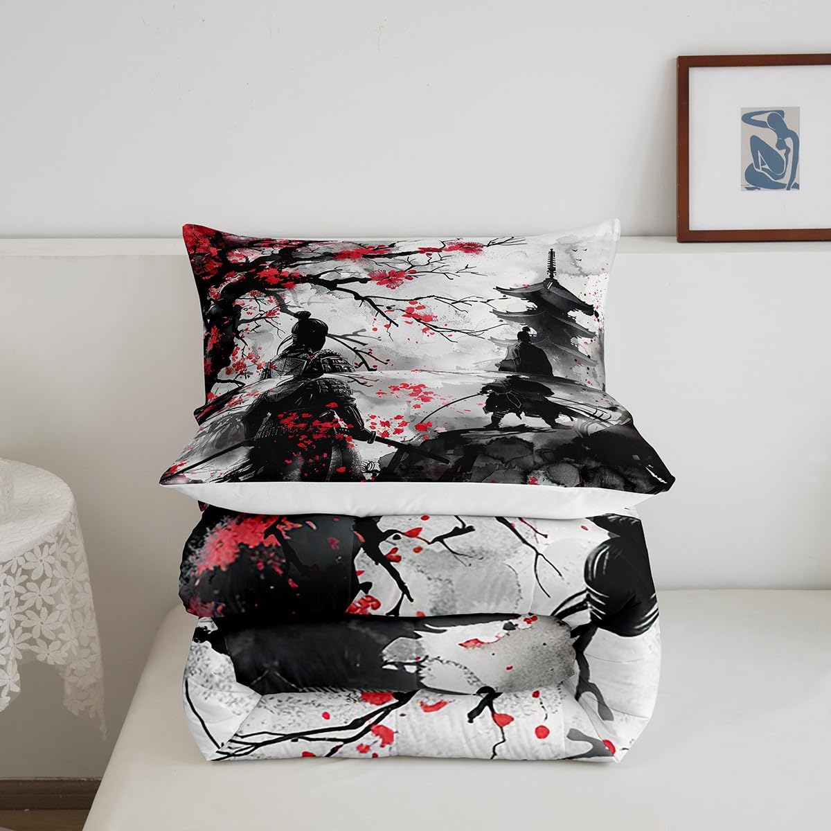 Feelyou Japanese Samurai Comforter Set Queen Size Kids Ukiyoe Comforter for Boys Girls Cherry Blossoms Bedding Set Japanese-Style Duvet Set