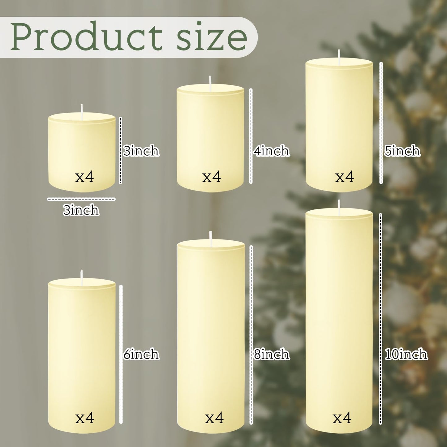 Shihanee 24 Pcs Pillar Candles 3 in x 3,4,5,6,8,10 Dripless Unscented Smokeless Candle Long Burning Decorative Rustic Candles with Cotton Wick for Wedding Home Fireplace (Ivory White)