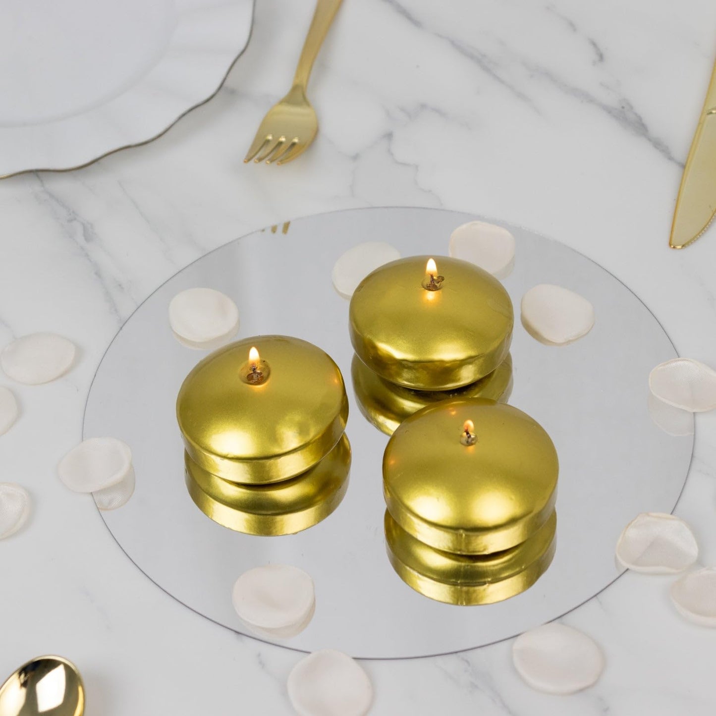 Efavormart 12 Pack 3" Gold Unscented Floating Candles, Long Burn Dripless Wax Discs with Cotton Wick for Cylinder Vases and Wedding Centerpieces