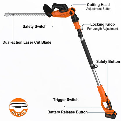 GARCARE 2 in 1 Pole Hedge Trimmer Cordless Long Reach with 20V 4.0Ah Battery and Quick Charger (20inch Cutting Blade Length, 7/10 inch Cutting Capacity, 1200rpm)