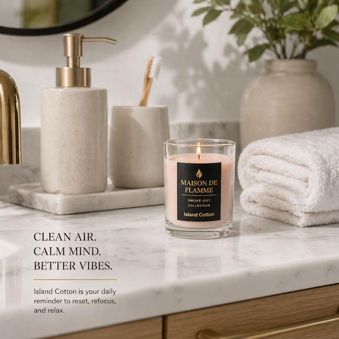 Fresh Linen Scented Candle, Soy Wax Candle for Bathroom, Powder Room & Bedroom, Up to 30 Hour Burn Time, Giftable, Sea Breeze Jasmine and Soft Musk Fragrance, Island Cotton, 5.3 oz – Maison De Flamme