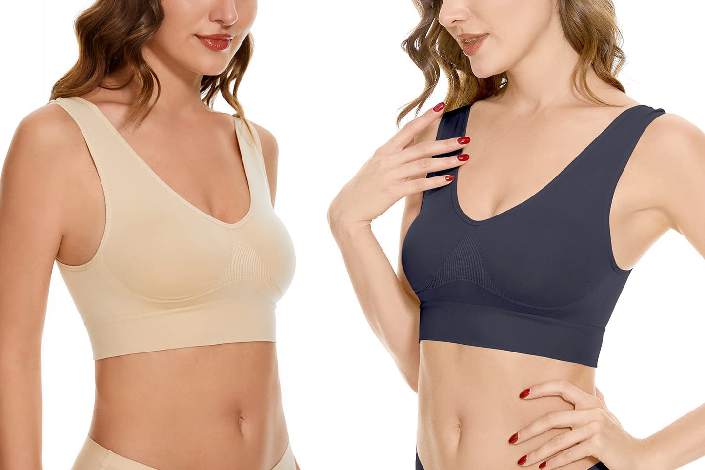 JEMINAY Women's Wireless Sleep Bras Unpadded Seamless Comfort Bras Throw-on Wirefree Bralettes 3 Pack,Black+Beige+White,XL