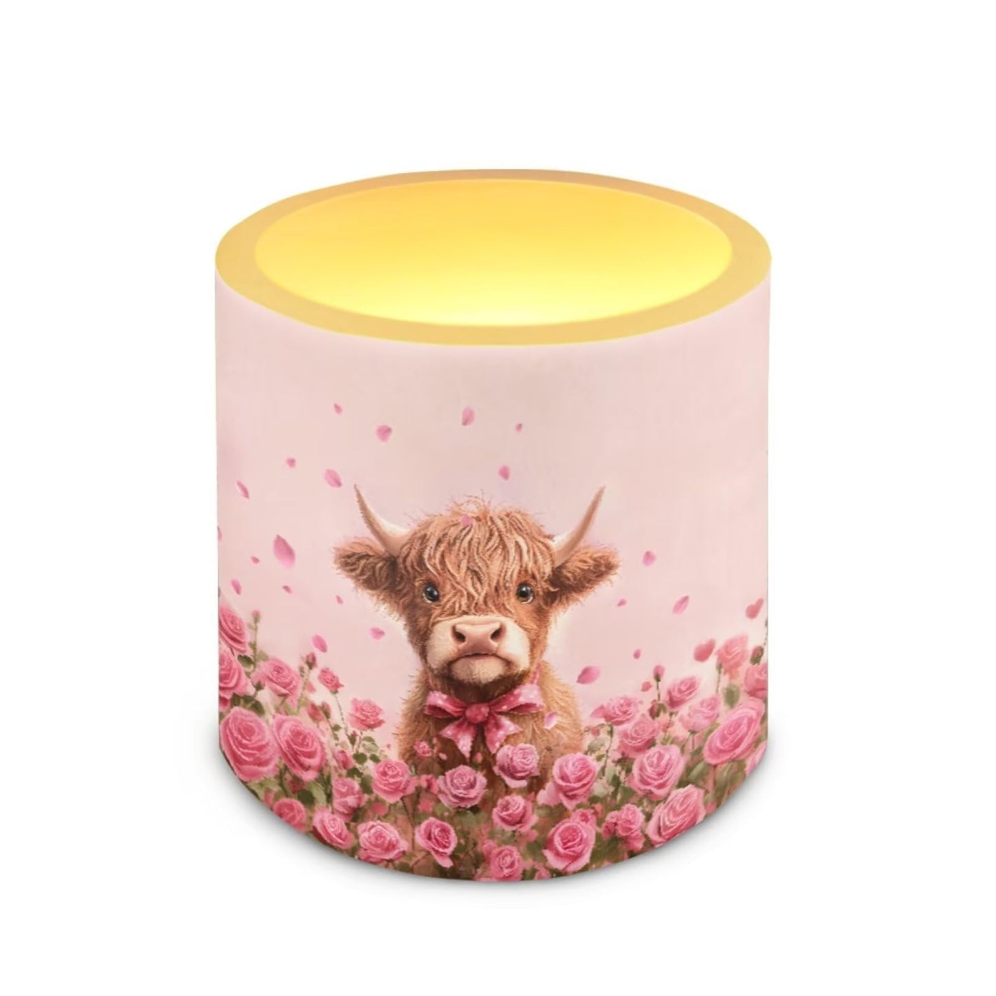 Merkmak Valentines Day Flickering Flameless Candles with Remote and Timer Battery Operated Candles Pink Rose Highland Cattle Print 4Pcs LED Pillar Tea Lights for Home Decor