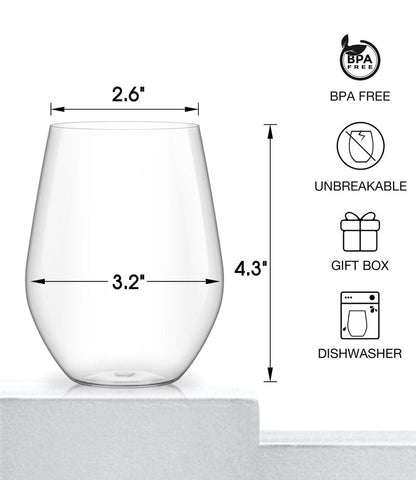 LUNA & MANTHA Stemless Wine Glasses, Crystal Red White Wine Glasses for Daily Use, Hosting, Home Bar, Evening Party, Birthdays, Shower, Housewarming Gift,Plastic Set of 6 16oz