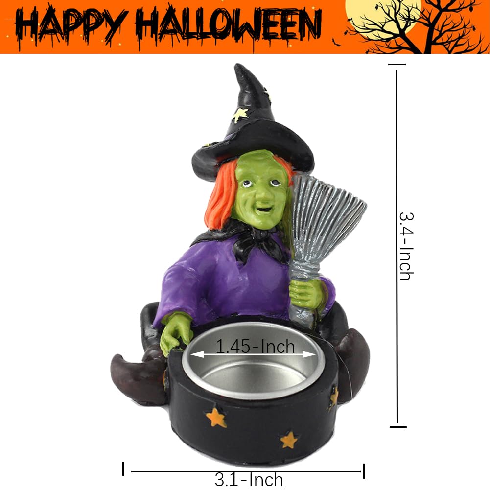 Halloween Candle Holder Spooky Witch with Broom Tealight Candle Holder Scary Halloween Decorations - Skeleton Skull Candle Holder for Bedroom Living Room Mantel Shelf Tabletop Décor