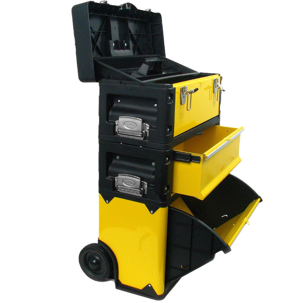 Portable Tool Box on Wheels - Stackable 3-in-1 Chest for Workshops and Craft Rooms - Foldable Comfort Handle and Latches by Stalwart (Black/Yellow)