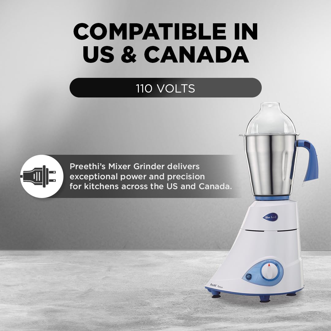 Preethi Blue Leaf Platinum 550 Watts 3 Jar Indian Mixer Grinder 110 Volts