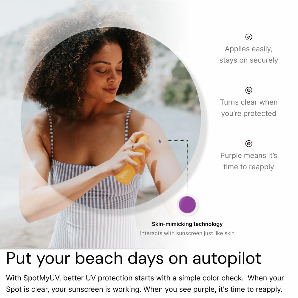 SpotMyUV UV Detection Stickers for Sunscreen with Patented Dermatrue SPF Sensing Technology, Know When to Reapply Sunscreen to Help Prevent Sunburn, 16 Count