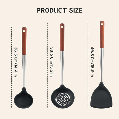 FJNATINH Silicone Spatula - Ladle - Skimmer Wok Tool Set,Stainless Steel Non Stick Heat-Resistant Cooking Utensils BPA Free Kitchen Utensils Cookware with Wooden Handle, Pack of 3