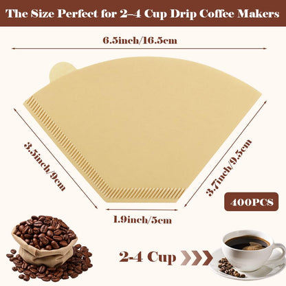 YQL 400 Count Coffee Filters, #2 Natural Brown Cone Filter Paper Compatible with Pour Over Drippers & Coffee Makers, Unbleached Disposable U-Shaped Filters, Clean Taste & Strong Design