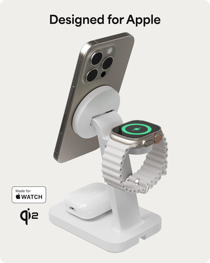 Mophie Snap+ 3-in-1 Wireless Charging Stand - MagSafe & Qi2 Certified, Compatible w/iPhone 17/16/15/14/13/12, Apple Watch, AirPods - Multi-Device Magnetic Charging Station, Eco-Friendly Design, White