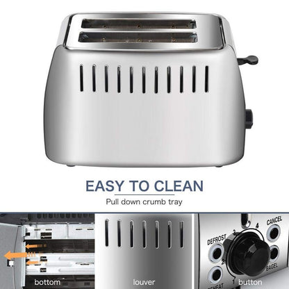 prepAmeal Toaster 2 Slice Stainless Steel Bagel Toaster Extra Wide Slots with 6 Browning Setting, Bagel/Reheat/Defrost/Cancel Function for Toasting Bread, Bagels and Waffles, 750W, Silver
