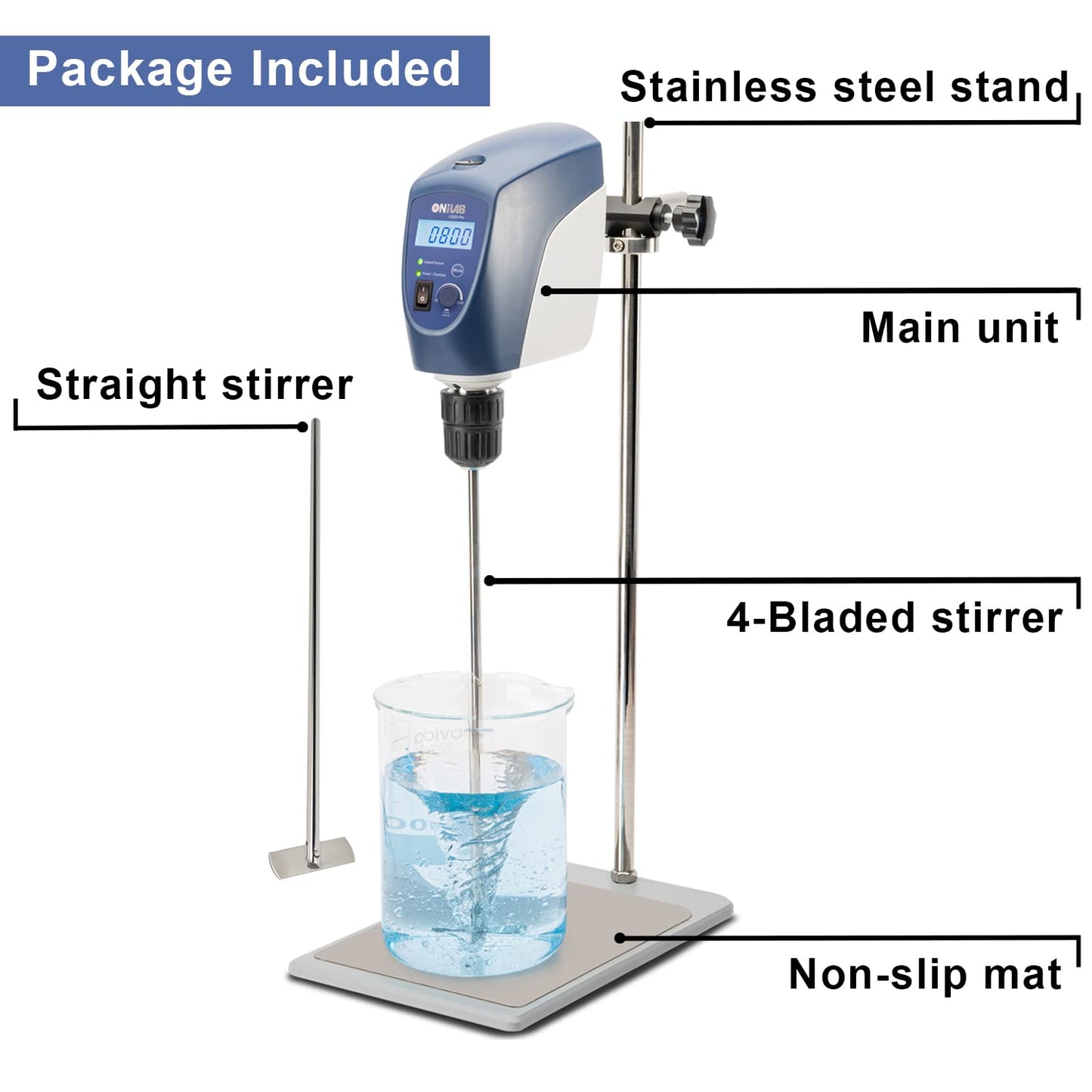 ONiLAB Electric Overhead Stirrer, LCD Digital Overhead Stirrer Mixer with Stirring Rod and Stand，Powerful 20L ，10000 mPas ， 50~2200RPM （Stand Included), Dark Blue