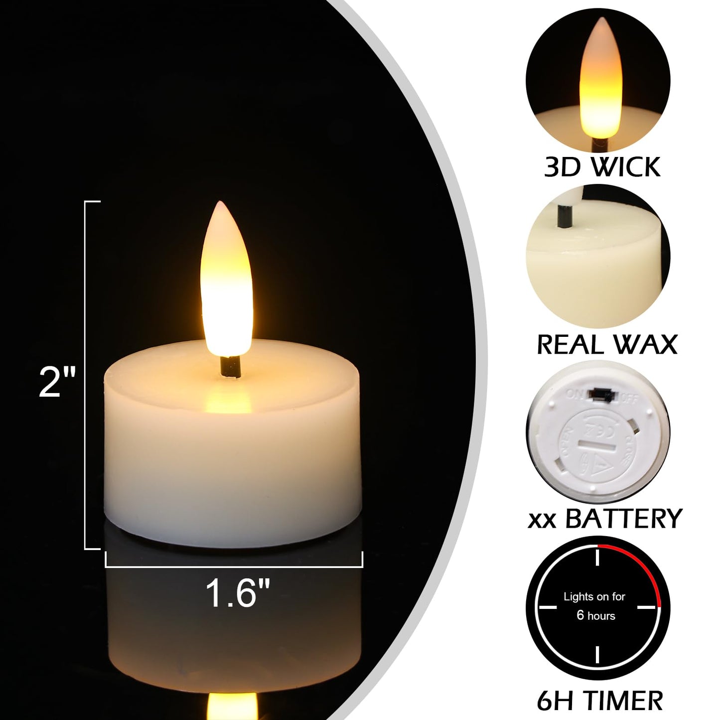 GenSwin Real Wax Tea Lights Candles Battery Operated, Flameless LED Tealights Candles with 6H Timer, 10 Pcs Battery Tea Lights with 3D Flame for Christmas Holiday Home Decor(Ivory, D1.6” x H2”)