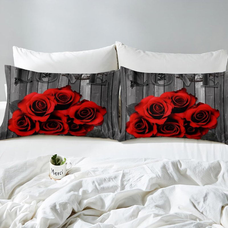Erosebridal Red Rose Bedding Set King Red Black Valentine's Day Comforter Cover for Girls Women Men Couple,Romantic Floral Duvet Cover Rustic Farmhouse Bed Set with Zipper 2 Pillow Cases Grey
