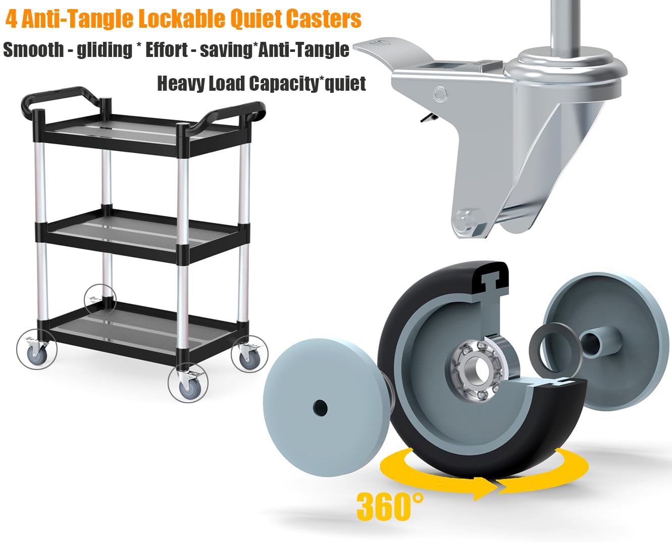 17Tek 3-Tier Rolling Utility Cart with Wheels,4 Lockable Casters, Plastic Service Cart with 510lbs Capacity, Commercial Service Cart on Wheels for Restaurant/Office/Warehouse/Kitchen/School, Black