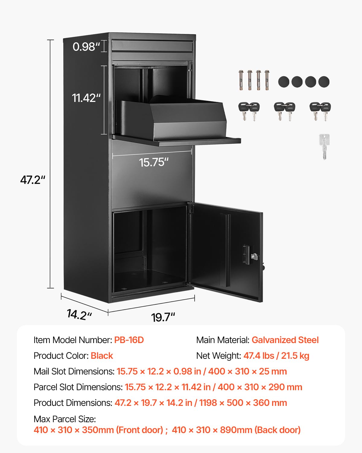 VEVOR Package Delivery Boxes for Outside, 47.2 in Mailbox for Parcel with Lock, Galvanized Steel Package Drop Box with Anti-Theft Design, Weather-Resistant Package Mailbox for Home and Office, Black