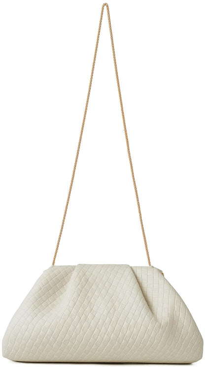 ChrisWish Women's Woven Evening Bag Ruched Dumpling Clutch Purse Detachable Chain Crossbody Bag(Beige White)