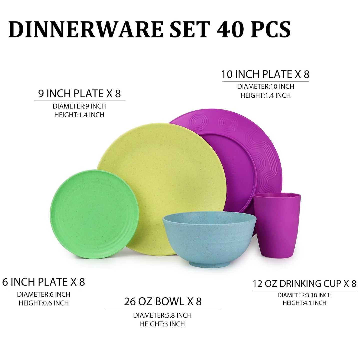 Wheat Straw Dinnerware Set 40-Piece Service for 8 Unbreakable Dishes Set Plates and Bowls Sets Drinking Glasses Microwave Safe Dish Set Lightweight Dinnerware Set for Home & Kitchen - Yellow