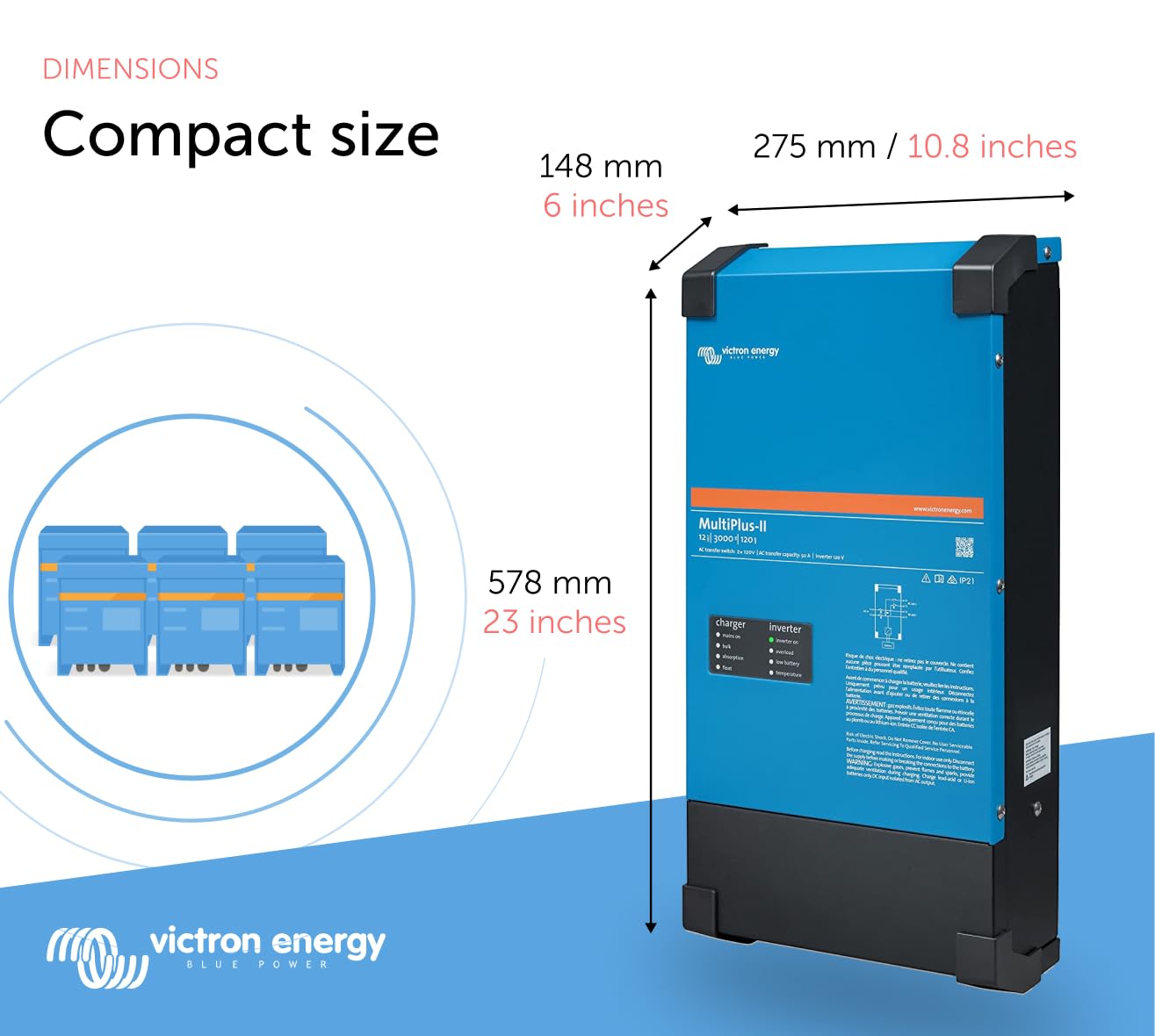 Victron Energy MultiPlus-II - Power Inverter - 2X Pure Sine Wave Inverter Charger for 120 amp Battery - with PowerAssist Technology - 3000VA 12-Volt