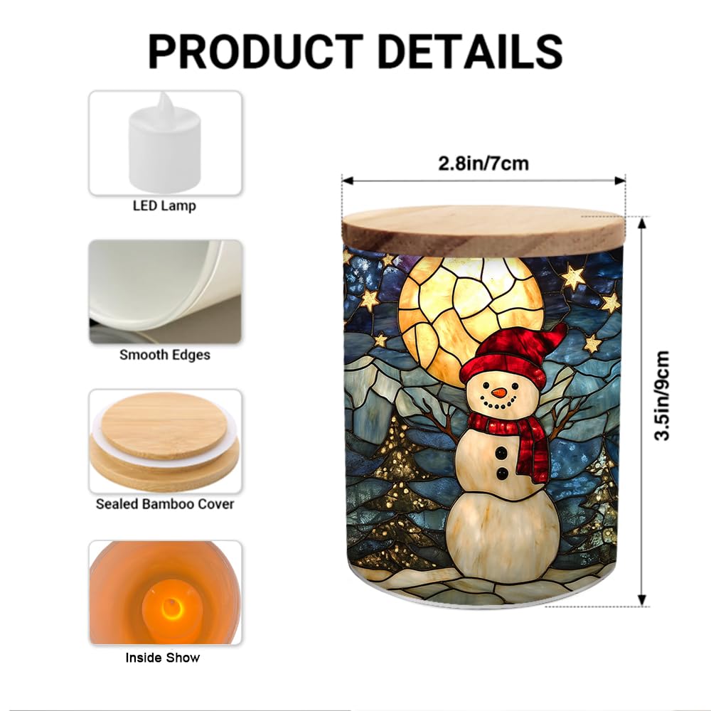 Winter Snowman Stained Glass Tealight Candle Holder, Christmas Tree Decorations Candle Jar Tea Light Holder, Tealight Holders Candlesticks Gift for Halloween Christmas Thanksgiving, 3.5x2.8in