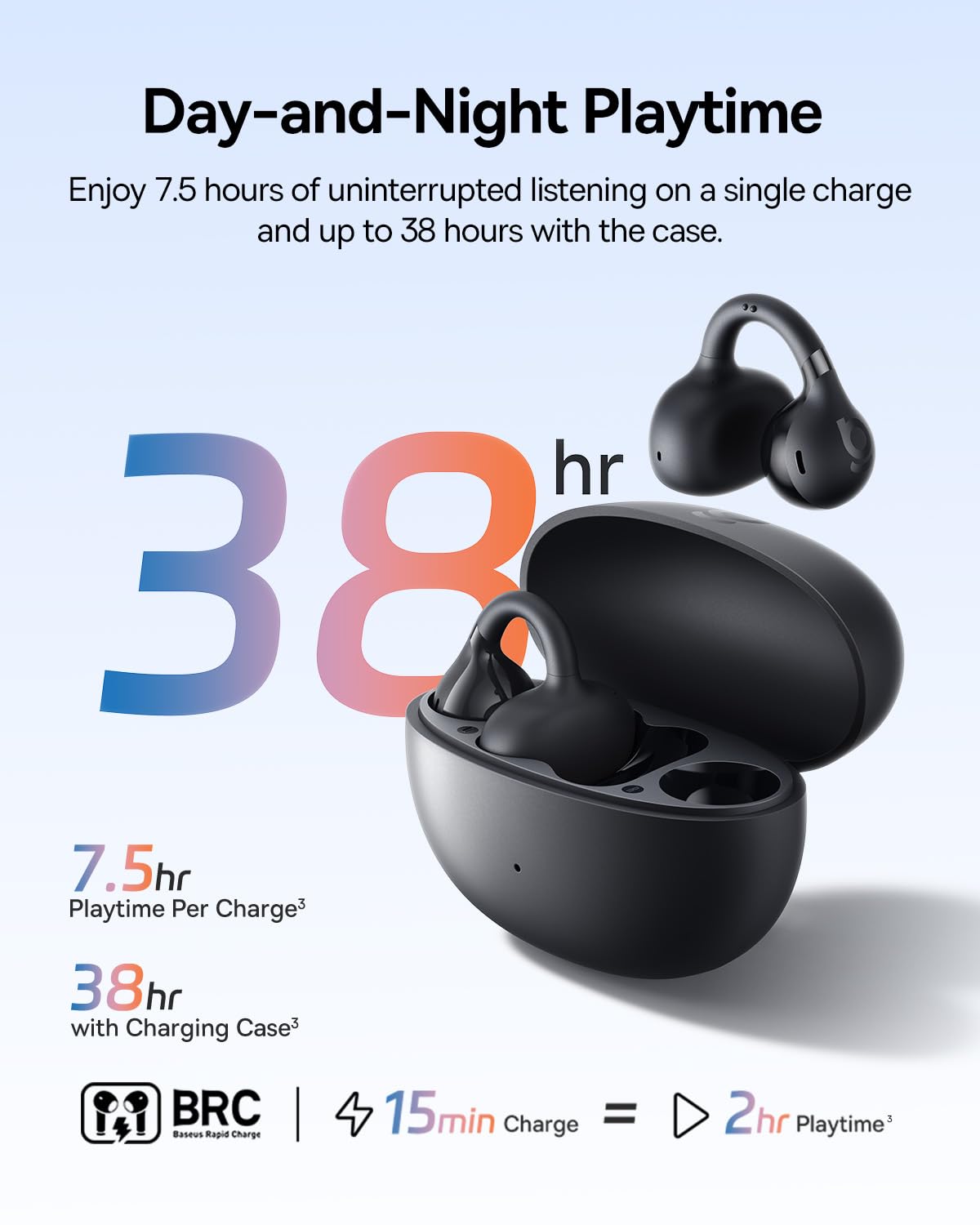 Baseus Bass BC1 Open Ear Earbuds Clip-On Headphones, Open-Ring Comfort with Tri-Curve Snug Clip, Powerful Sound with SuperBass, 4-Mic Clear Calls, IP55 Waterproof, 38H Playtime, Lightweight